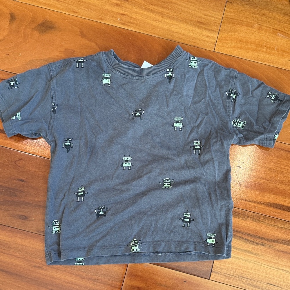 Zara Charcoal Gray Tee with Mint Robot Print